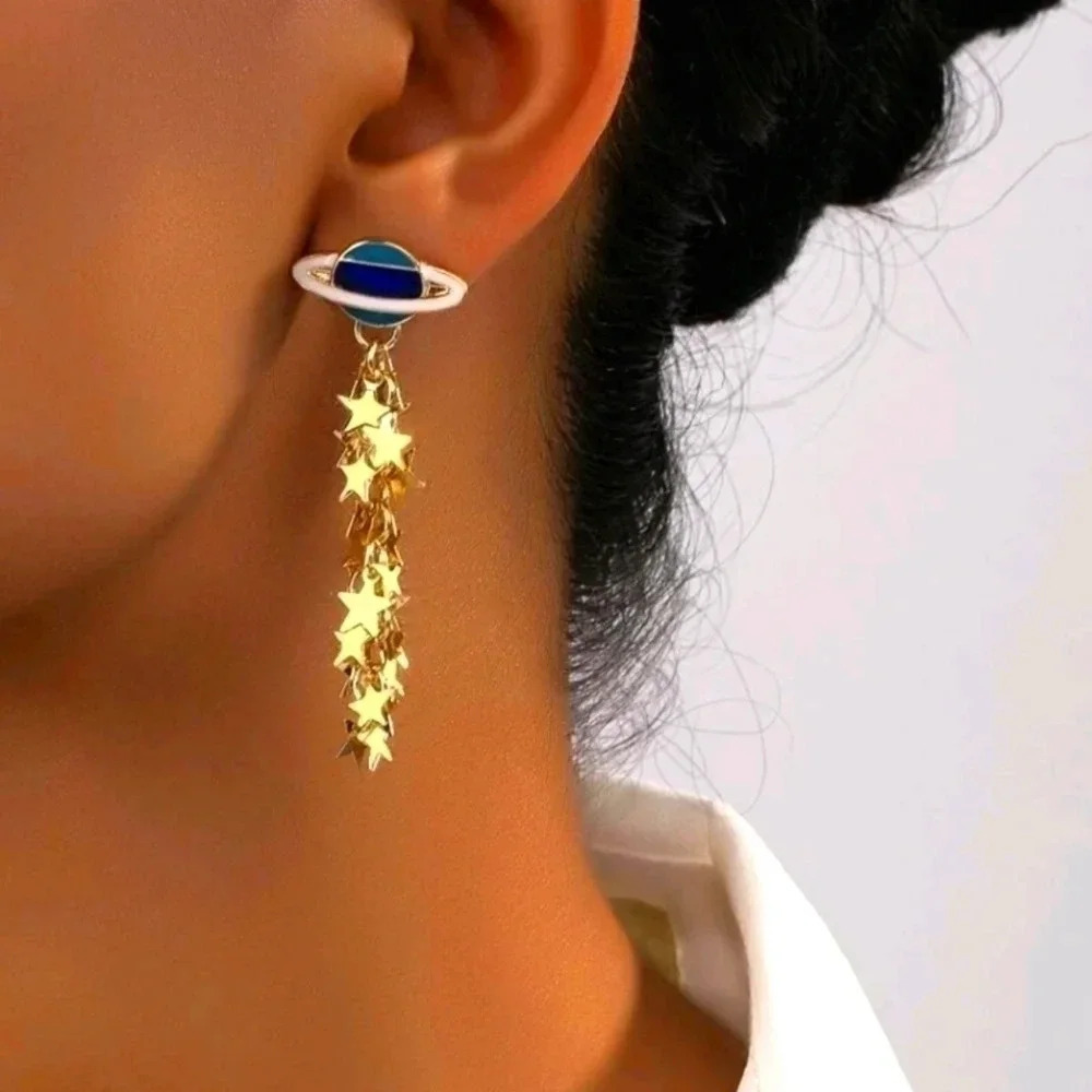 Saturn 🪐 star ✨ gold plated jewelry dangle earrings women's accessories unique